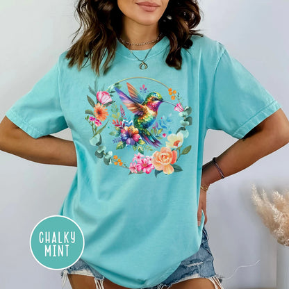 Kolibri Shirt Aquarell Blumenkranz Shirt Cottagecore T-Shirt Vogel Blumen Shirt Kolibri Liebhaber Geschenk für Frauen Buntes Grafik T-Shirt