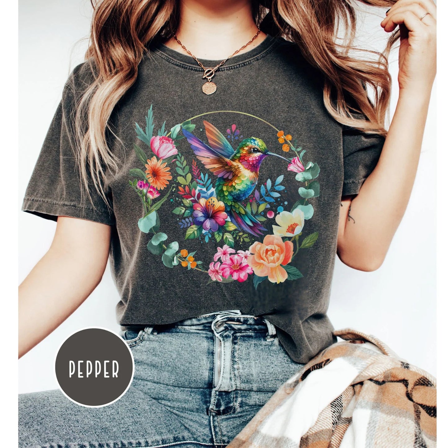 Hummingbird Shirt Watercolor Floral Wreath Shirt Cottagecore T Shirt Bird Flower Shirt Hummingbird Lover Gift for Women Colorful Graphic Tee