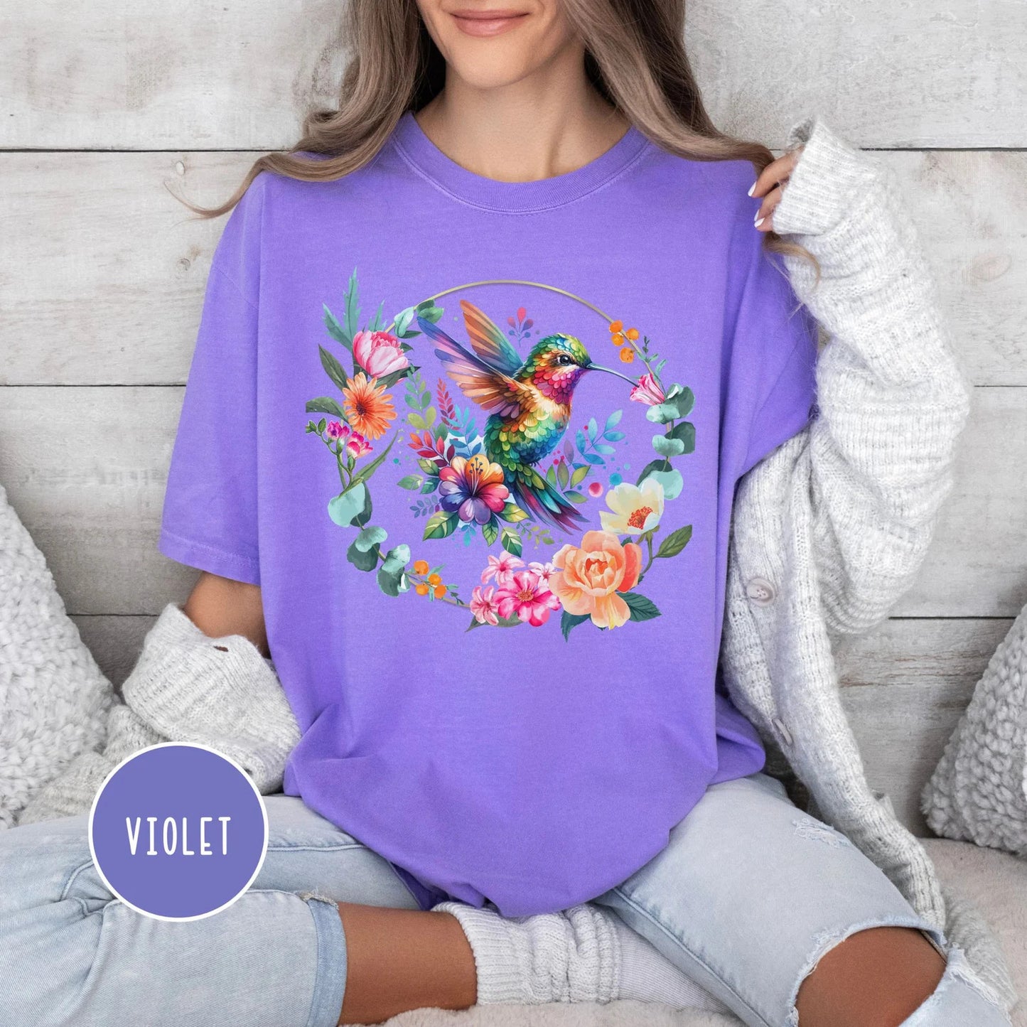 Hummingbird Shirt Watercolor Floral Wreath Shirt Cottagecore T Shirt Bird Flower Shirt Hummingbird Lover Gift for Women Colorful Graphic Tee