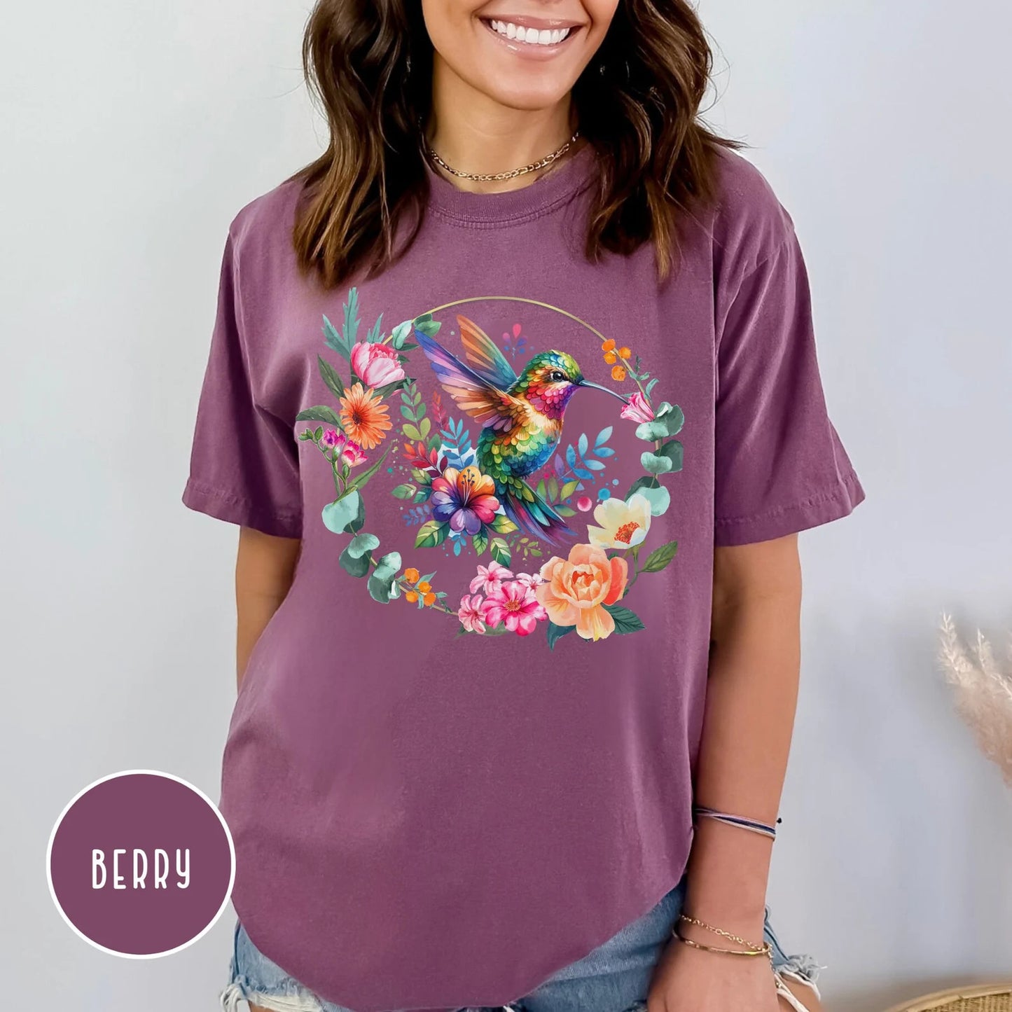 Hummingbird Shirt Watercolor Floral Wreath Shirt Cottagecore T Shirt Bird Flower Shirt Hummingbird Lover Gift for Women Colorful Graphic Tee