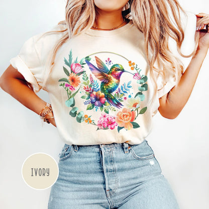 Hummingbird Shirt Watercolor Floral Wreath Shirt Cottagecore T Shirt Bird Flower Shirt Hummingbird Lover Gift for Women Colorful Graphic Tee