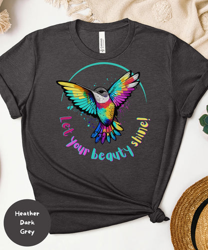 Buntes Kolibri-Shirt | T-Shirt für Tierliebhaber | Vogel-T-Shirts | Trendy T-Shirt | Geschenk für sie | T-Shirt für Vogelliebhaber | Frühlingsvögel | Beauty-Shirt