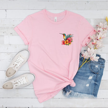 Bird Shirts, Floral Hummingbird T-Shirt, Nature Lover Tee, Bird Lover T-Shirt, Spring, Hibiscus Flower, Gift For Her, Tropical, Simple, Cute