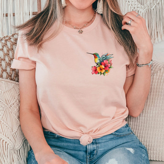 Bird Shirts, Floral Hummingbird T-Shirt, Nature Lover Tee, Bird Lover T-Shirt, Spring, Hibiscus Flower, Gift For Her, Tropical, Simple, Cute