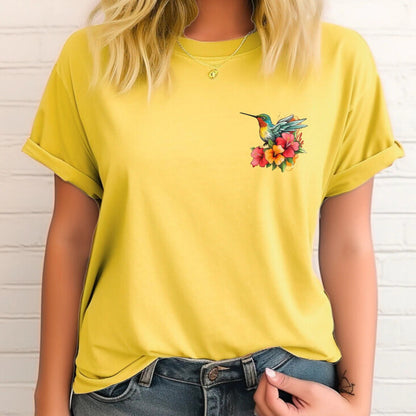 Bird Shirts, Floral Hummingbird T-Shirt, Nature Lover Tee, Bird Lover T-Shirt, Spring, Hibiscus Flower, Gift For Her, Tropical, Simple, Cute