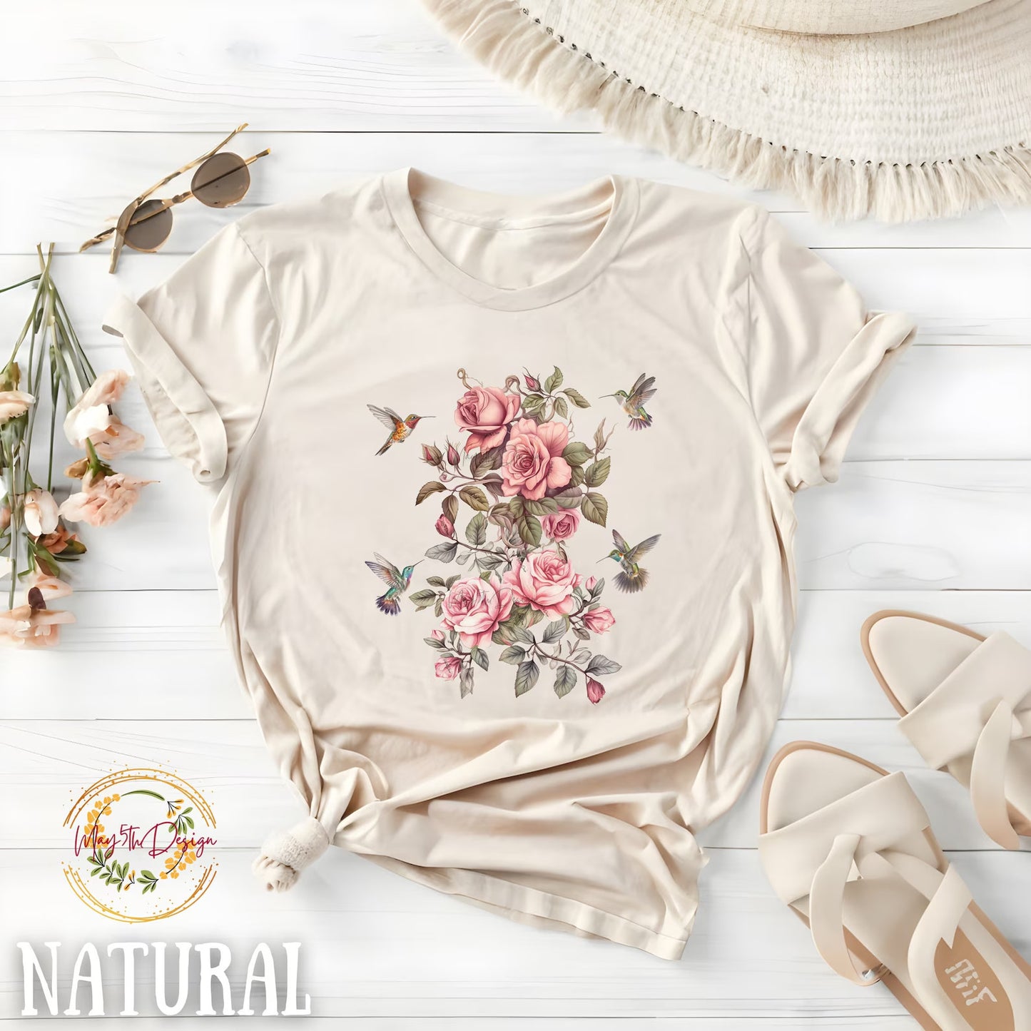 Kolibri Shirt, Botanisches Shirt, Naturliebhaber Shirt, Wildblumen Shirt, Cottagecore Shirt, Pflanzen Liebhaber Geschenk, Geschenk für Frauen, Vogel Print