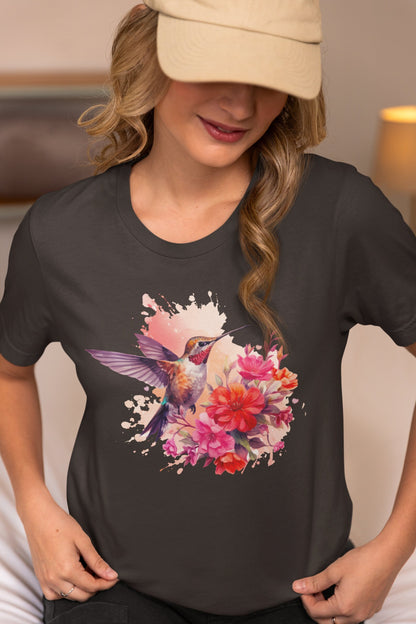 Floral Hummingbird Shirt, Animal Lover Tee, Trendy Flower & Bird Tee, Gift For Her, Bird Lover T-Shirt, Spring Birds and Flower Shirt