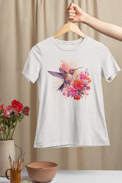 Floral Hummingbird Shirt, Animal Lover Tee, Trendy Flower & Bird Tee, Gift For Her, Bird Lover T-Shirt, Spring Birds and Flower Shirt