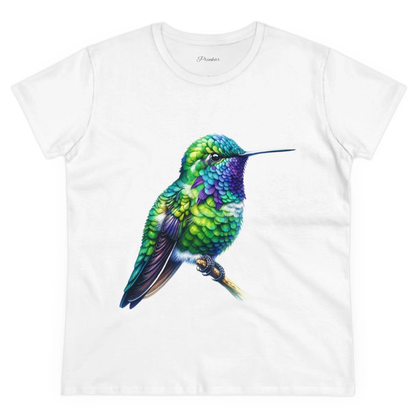 Damen Mittelschweres Baumwoll T-Shirt Aquarell Vogel Serie Kolibri auf Ast Naturliebhaber von PRINKAR