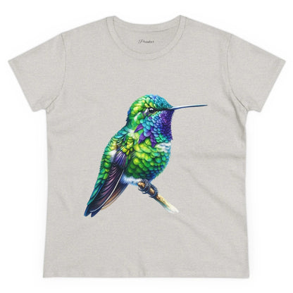 Women's Midweight Cotton T-shirt Watercolor Bird Series Hummingbird on Branch Nature Lovers by PRINKAR