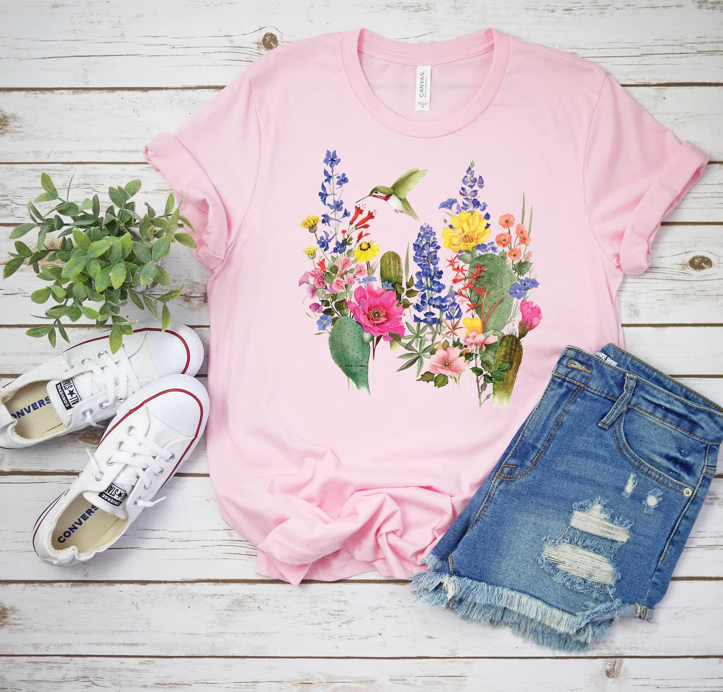 Hummingbird T-shirt, Hummers Desert Bloom Tee, Springtime Flowers Shirt, Spring Birds, Country Floral Hummingbirds Women's Fashion