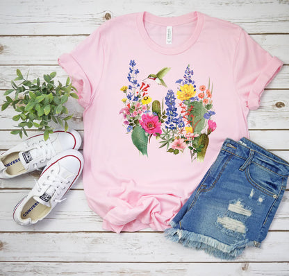 Kolibri T-Shirt, Hummers Desert Bloom T-Shirt, Frühlingsblumen Shirt, Frühlingsvögel, Country Floral Kolibris Damenmode