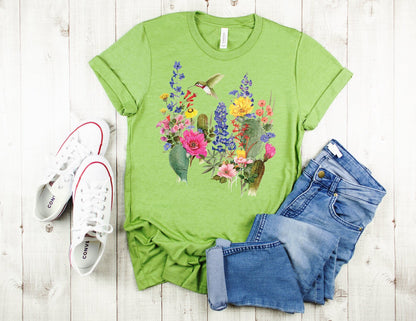 Hummingbird T-shirt, Hummers Desert Bloom Tee, Springtime Flowers Shirt, Spring Birds, Country Floral Hummingbirds Women's Fashion