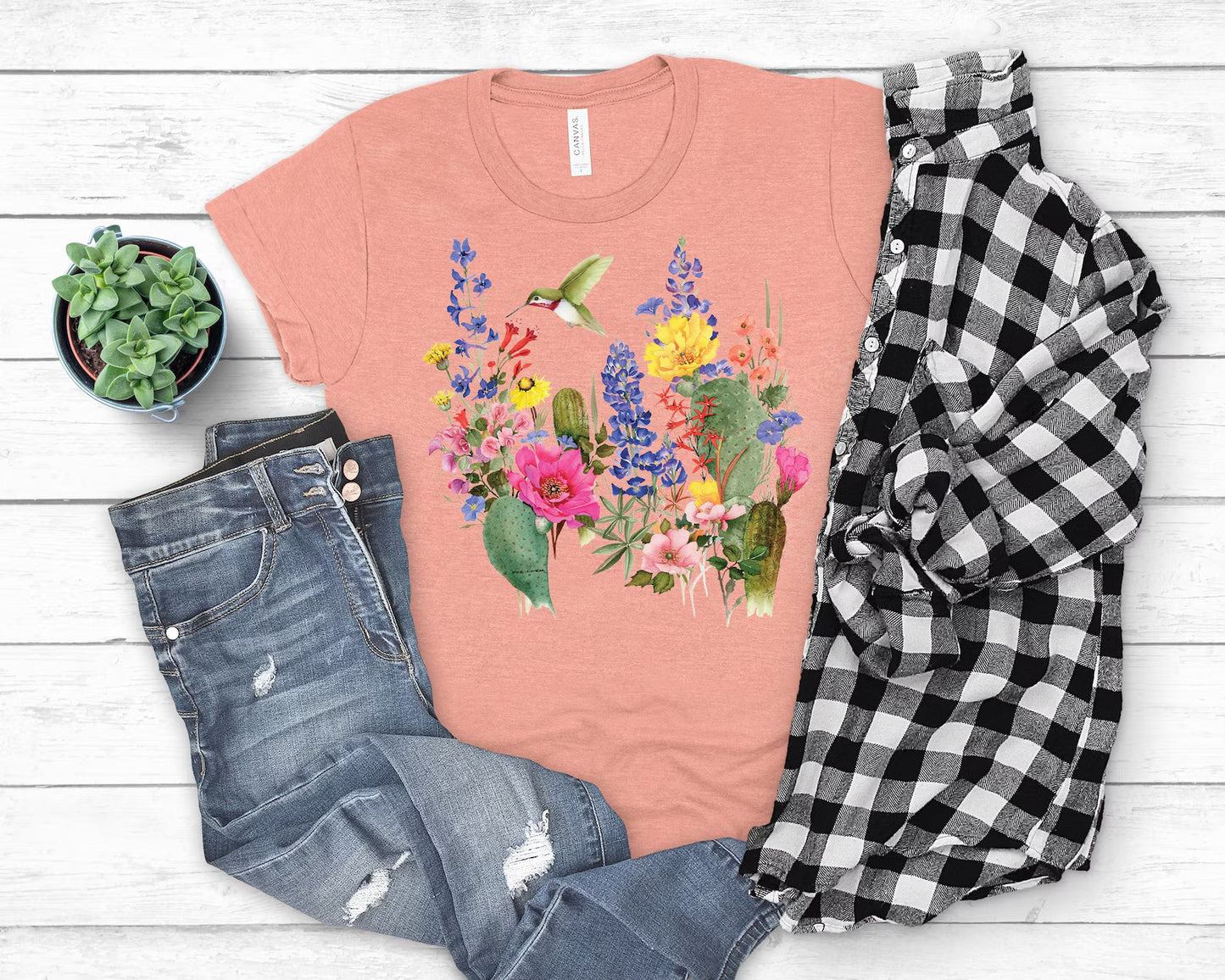 Hummingbird T-shirt, Hummers Desert Bloom Tee, Springtime Flowers Shirt, Spring Birds, Country Floral Hummingbirds Women's Fashion