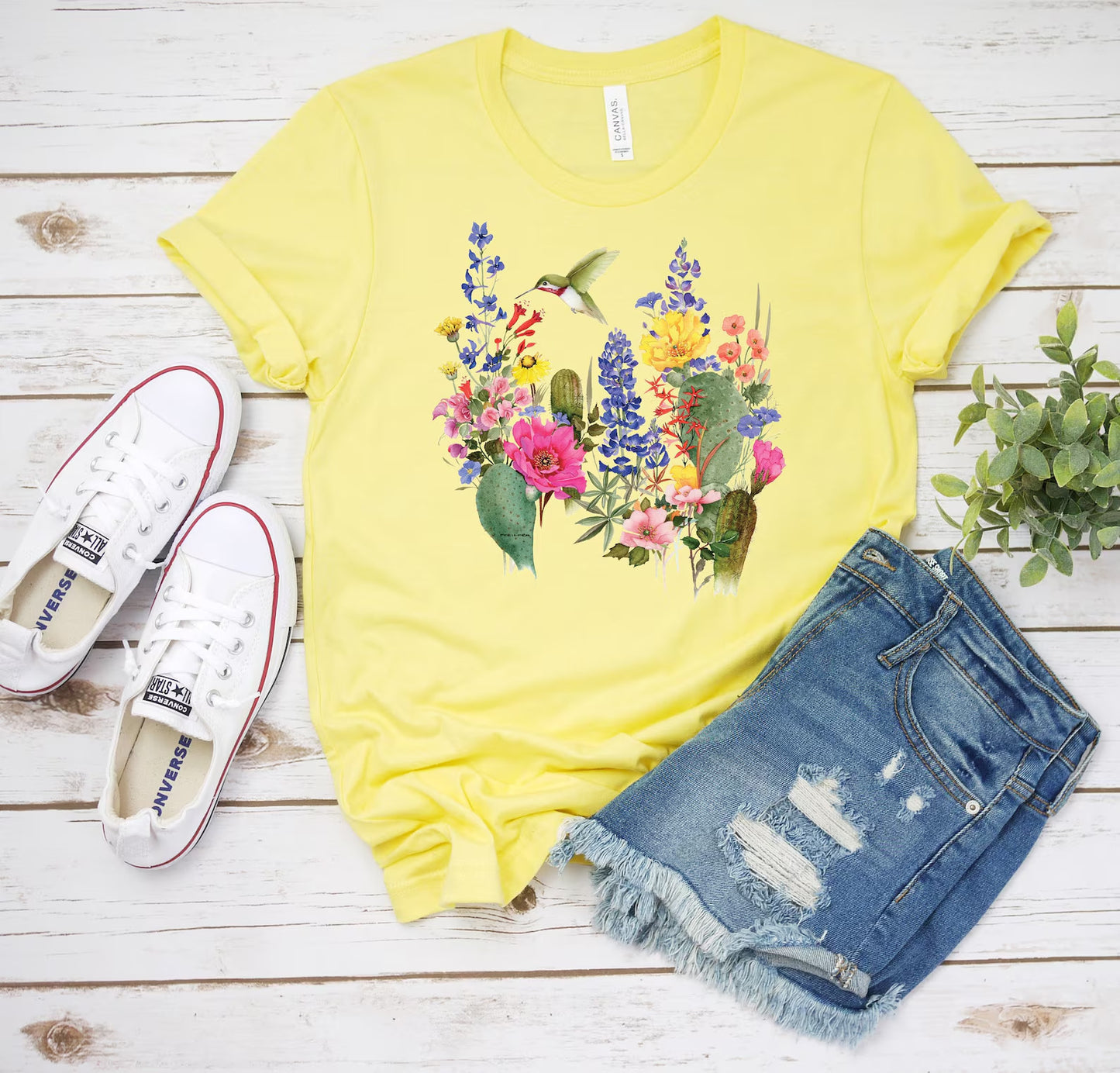 Hummingbird T-shirt, Hummers Desert Bloom Tee, Springtime Flowers Shirt, Spring Birds, Country Floral Hummingbirds Women's Fashion