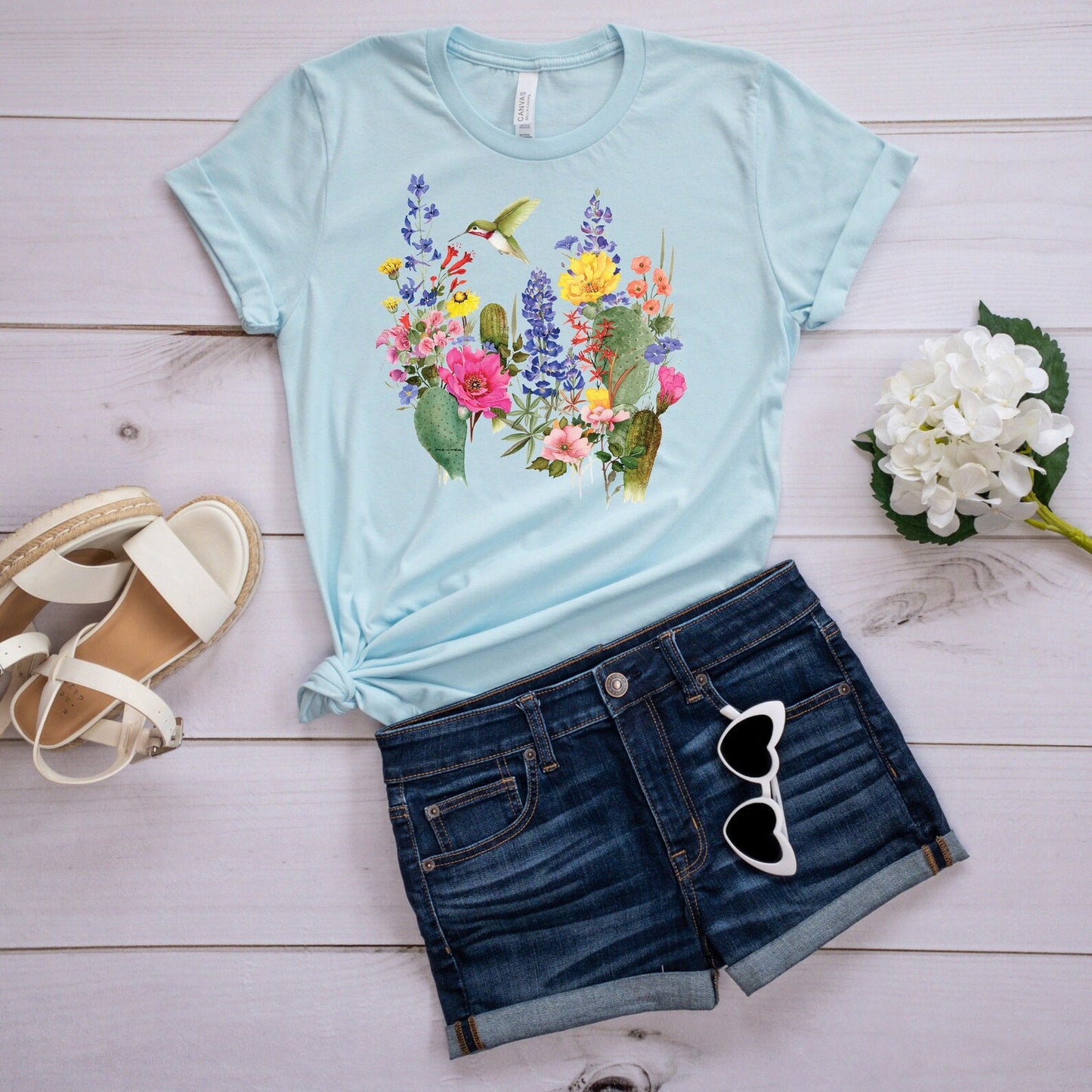 Hummingbird T-shirt, Hummers Desert Bloom Tee, Springtime Flowers Shirt, Spring Birds, Country Floral Hummingbirds Women's Fashion