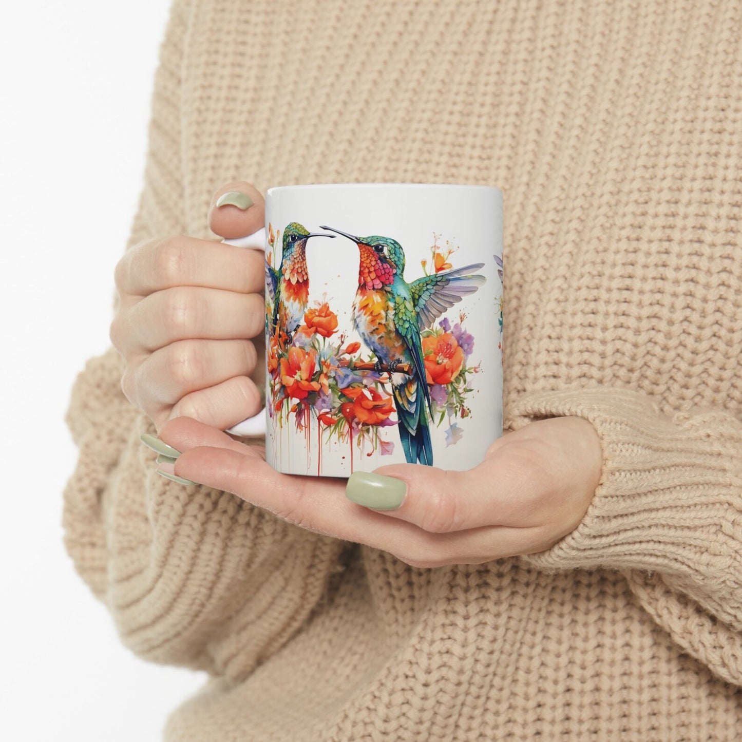 Hübsche Boho Aquarell Kolibris und Blumen Kaffeetasse, Kolibri Blumen Teetasse, kleine Vögel Tasse, Geschenk für Kolibri Liebhaber