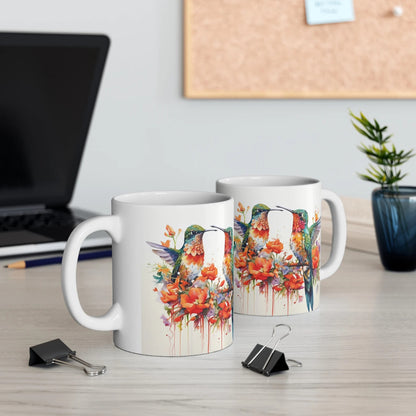 Pretty Boho Watercolor Hummingbirds and Flowers Coffee Mug, Hummingbirds Floral Tea Cup, Small Birds Cup, Gift for Hummingbird Lovers