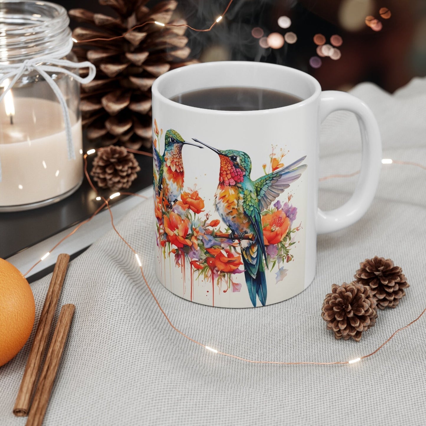 Hübsche Boho Aquarell Kolibris und Blumen Kaffeetasse, Kolibri Blumen Teetasse, kleine Vögel Tasse, Geschenk für Kolibri Liebhaber