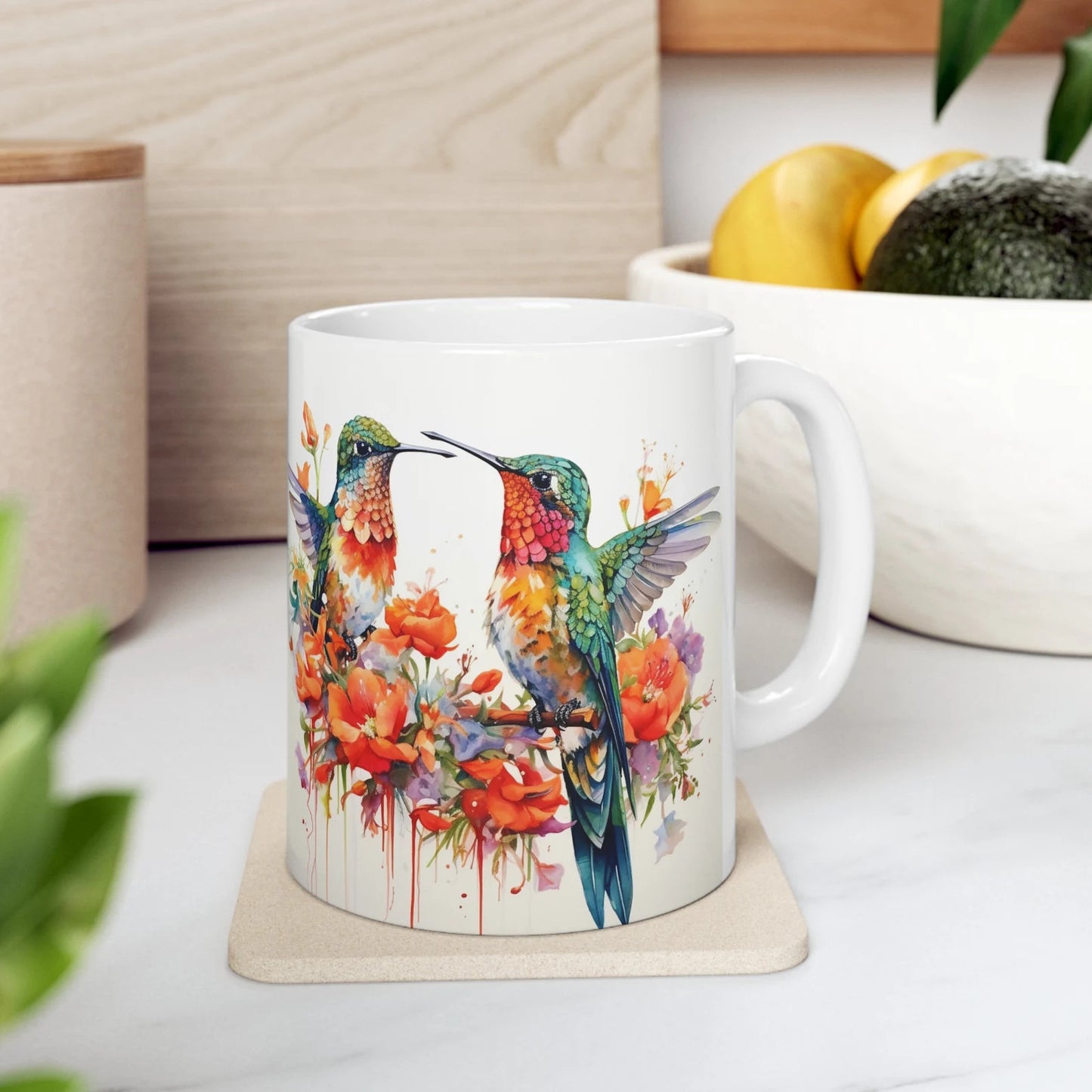 Pretty Boho Watercolor Hummingbirds and Flowers Coffee Mug, Hummingbirds Floral Tea Cup, Small Birds Cup, Gift for Hummingbird Lovers