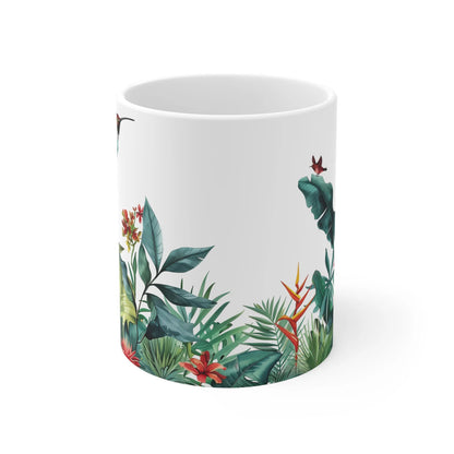 Hummingbird and Jungle White Ceramic Mug - Tropical Foliage Design, 11oz Coffee Tea Cup, Unique Gift for Nature Lovers, BPA-Free, Lead-Free