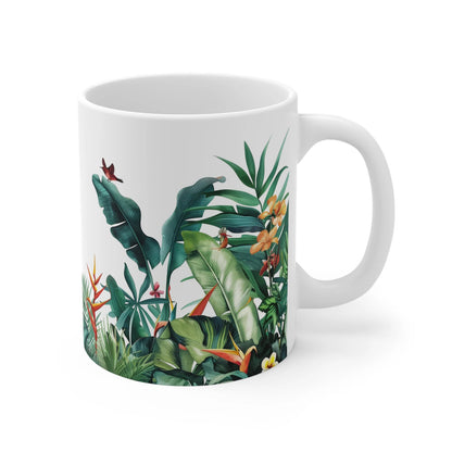 Hummingbird and Jungle White Ceramic Mug - Tropical Foliage Design, 11oz Coffee Tea Cup, Unique Gift for Nature Lovers, BPA-Free, Lead-Free