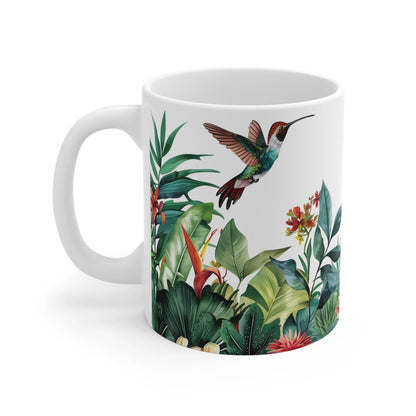 Hummingbird and Jungle White Ceramic Mug - Tropical Foliage Design, 11oz Coffee Tea Cup, Unique Gift for Nature Lovers, BPA-Free, Lead-Free