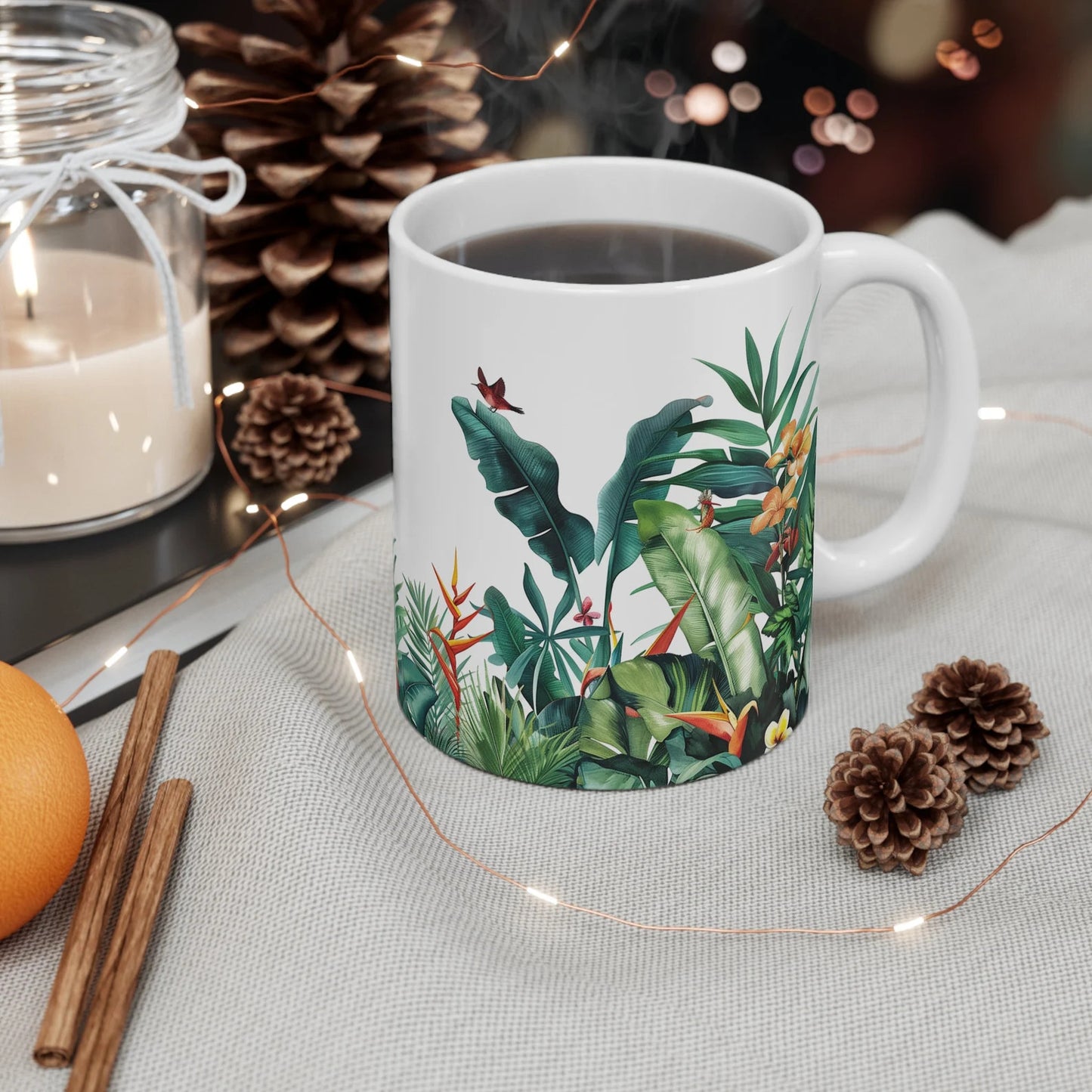 Hummingbird and Jungle White Ceramic Mug - Tropical Foliage Design, 11oz Coffee Tea Cup, Unique Gift for Nature Lovers, BPA-Free, Lead-Free