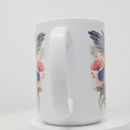 Hummingbird Mug, Peach, Teal, Purple and Blue watercolor Garden Bird Cup, 15oz, ready to Ship