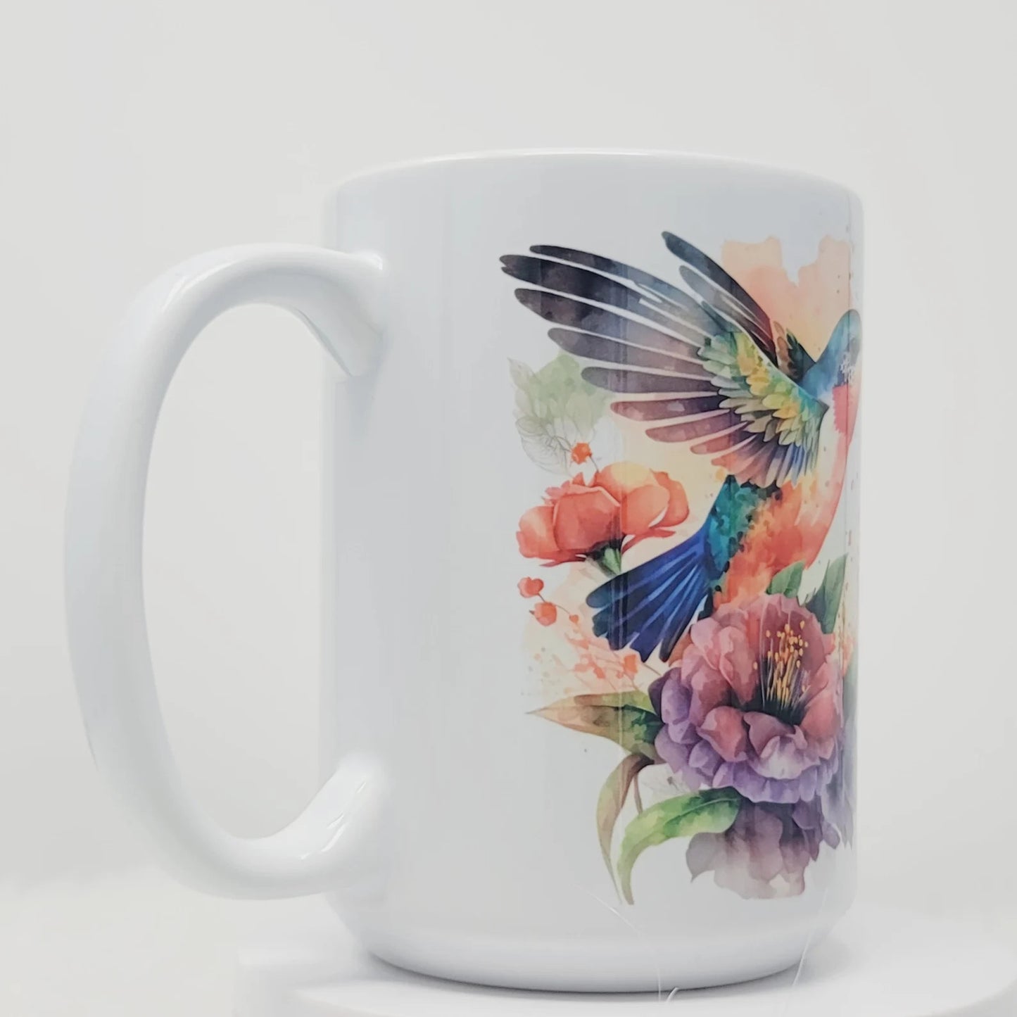 Hummingbird Mug, Peach, Teal, Purple and Blue watercolor Garden Bird Cup, 15oz, ready to Ship