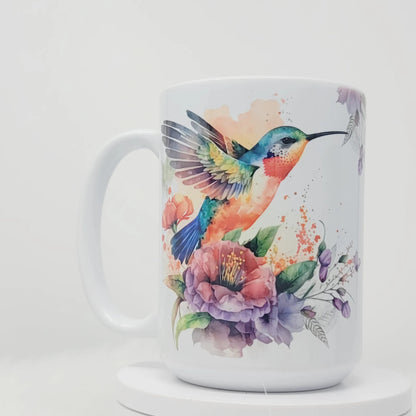 Tasse de colibri, pêche, sarcelle, violet et bleu aquarelle Garden Bird Cup, 15oz, prête à expédier