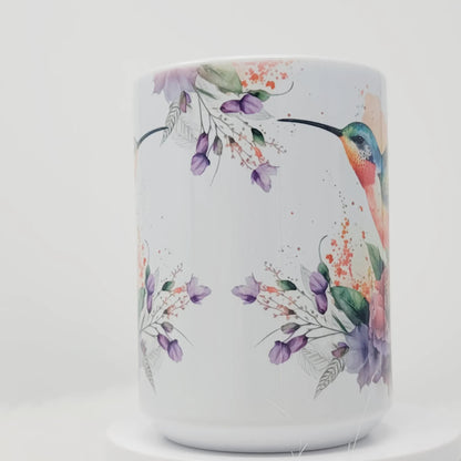 Hummingbird Mug, Peach, Teal, Purple and Blue watercolor Garden Bird Cup, 15oz, ready to Ship