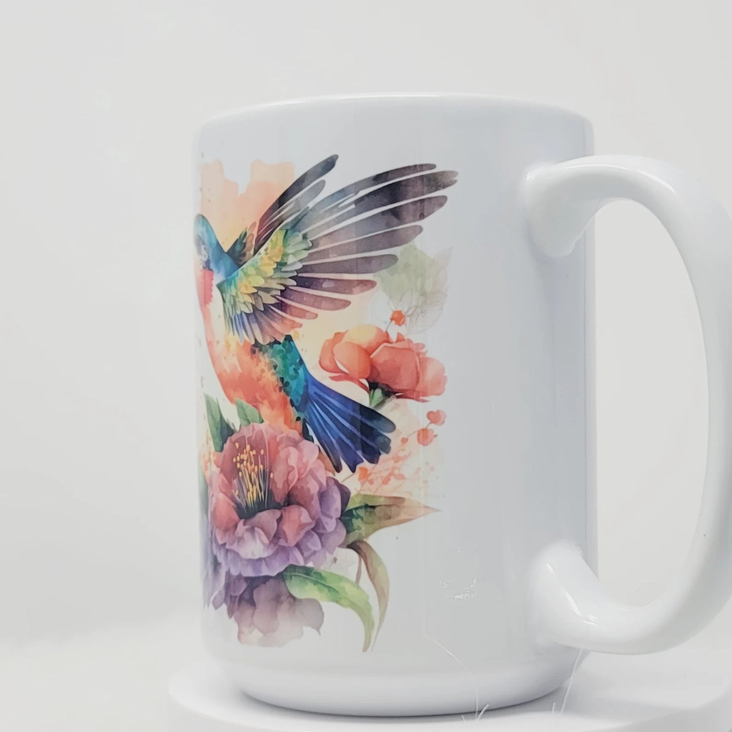 Hummingbird Mug, Peach, Teal, Purple and Blue watercolor Garden Bird Cup, 15oz, ready to Ship