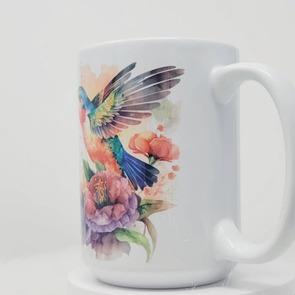 Kolibri-Tasse, Pfirsich, Blaugrün, Lila und Blau Aquarell Gartenvogel-Tasse, 15oz, versandfertig