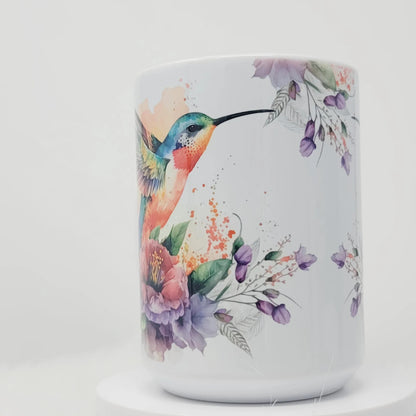 Hummingbird Mug, Peach, Teal, Purple and Blue watercolor Garden Bird Cup, 15oz, ready to Ship