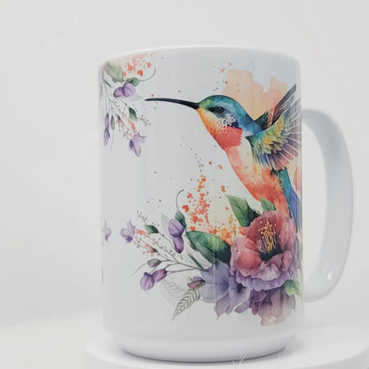 Hummingbird Mug, Peach, Teal, Purple and Blue watercolor Garden Bird Cup, 15oz, ready to Ship