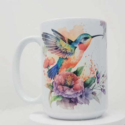 Hummingbird Mug, Peach, Teal, Purple and Blue watercolor Garden Bird Cup, 15oz, ready to Ship