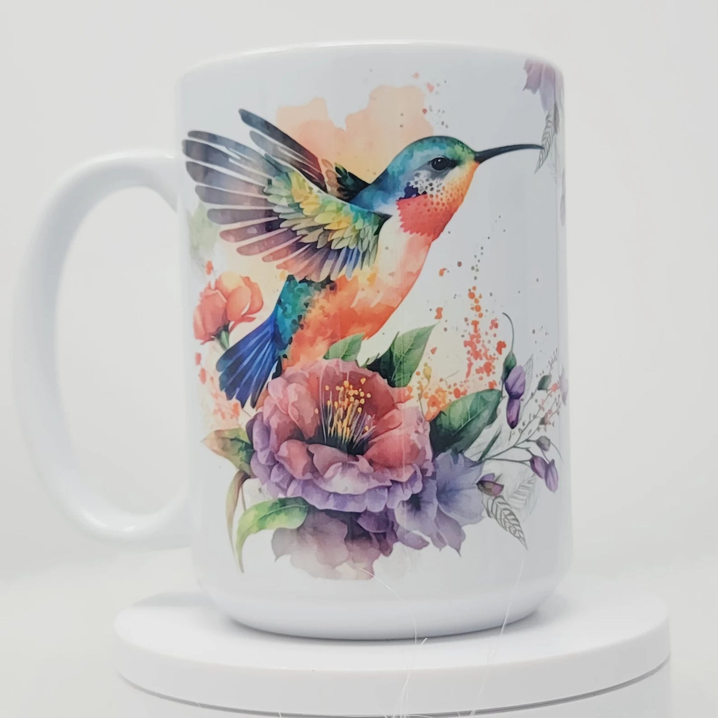 Kolibri-Tasse, Pfirsich, Blaugrün, Lila und Blau Aquarell Gartenvogel-Tasse, 15oz, versandfertig