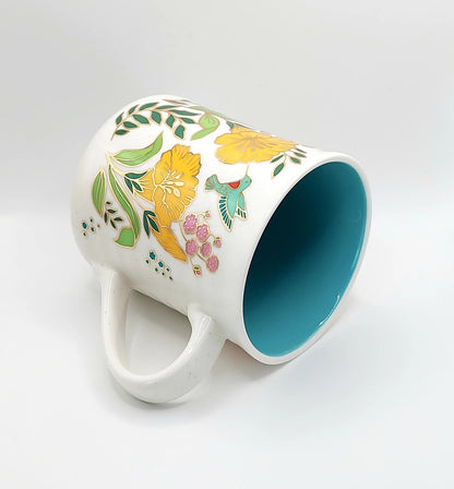 Petunias and Hummingbirds Coffee Tea Mug Cup 20 Oz Ceramic, Turquoise Inside Golden Accents By Seeds & Sunshine