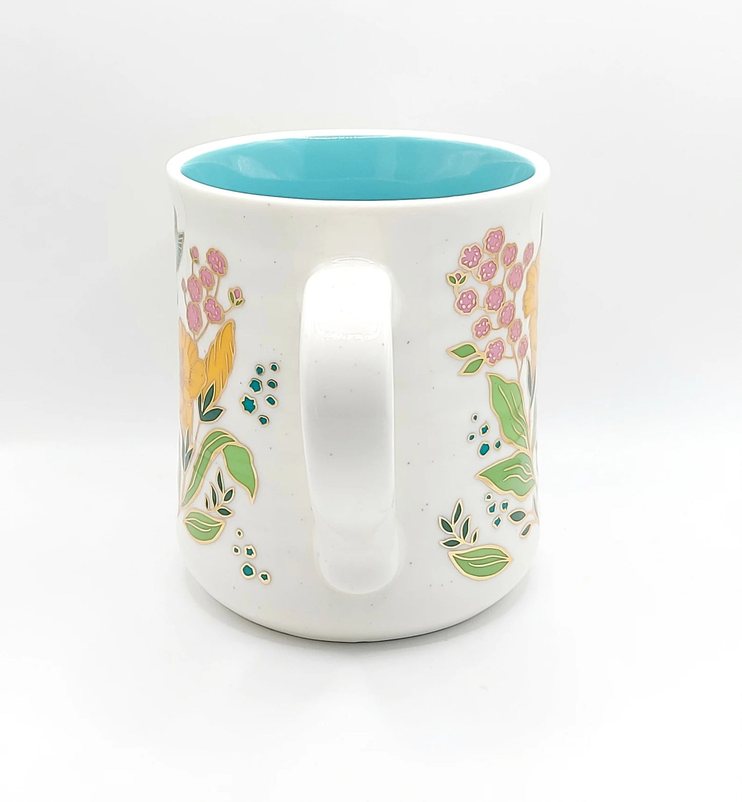 Petunias and Hummingbirds Coffee Tea Mug Cup 20 Oz Ceramic, Turquoise Inside Golden Accents By Seeds & Sunshine