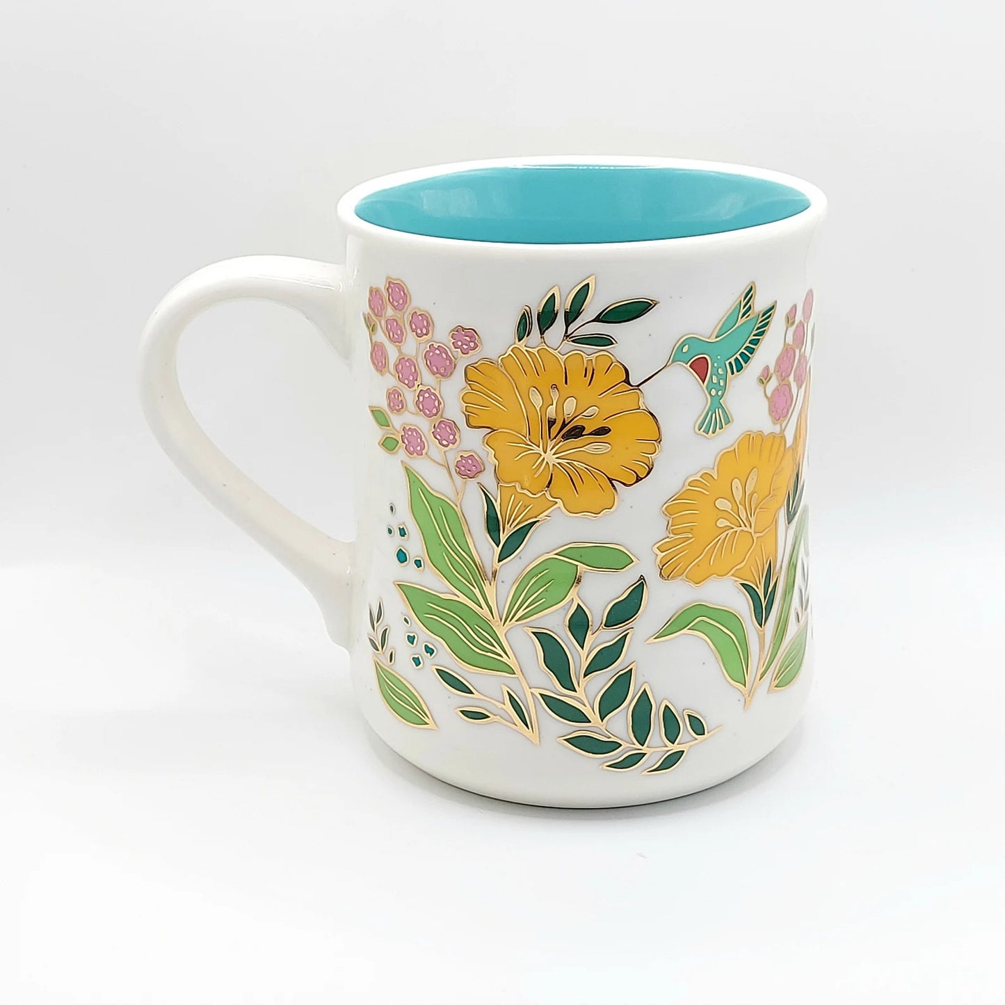 Petunias and Hummingbirds Coffee Tea Mug Cup 20 Oz Ceramic, Turquoise Inside Golden Accents By Seeds & Sunshine