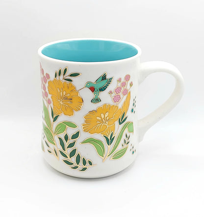 Petunias and Hummingbirds Coffee Tea Mug Cup 20 Oz Ceramic, Turquoise Inside Golden Accents By Seeds & Sunshine