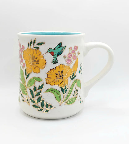 Petunias and Hummingbirds Coffee Tea Mug Cup 20 Oz Ceramic, Turquoise Inside Golden Accents By Seeds & Sunshine