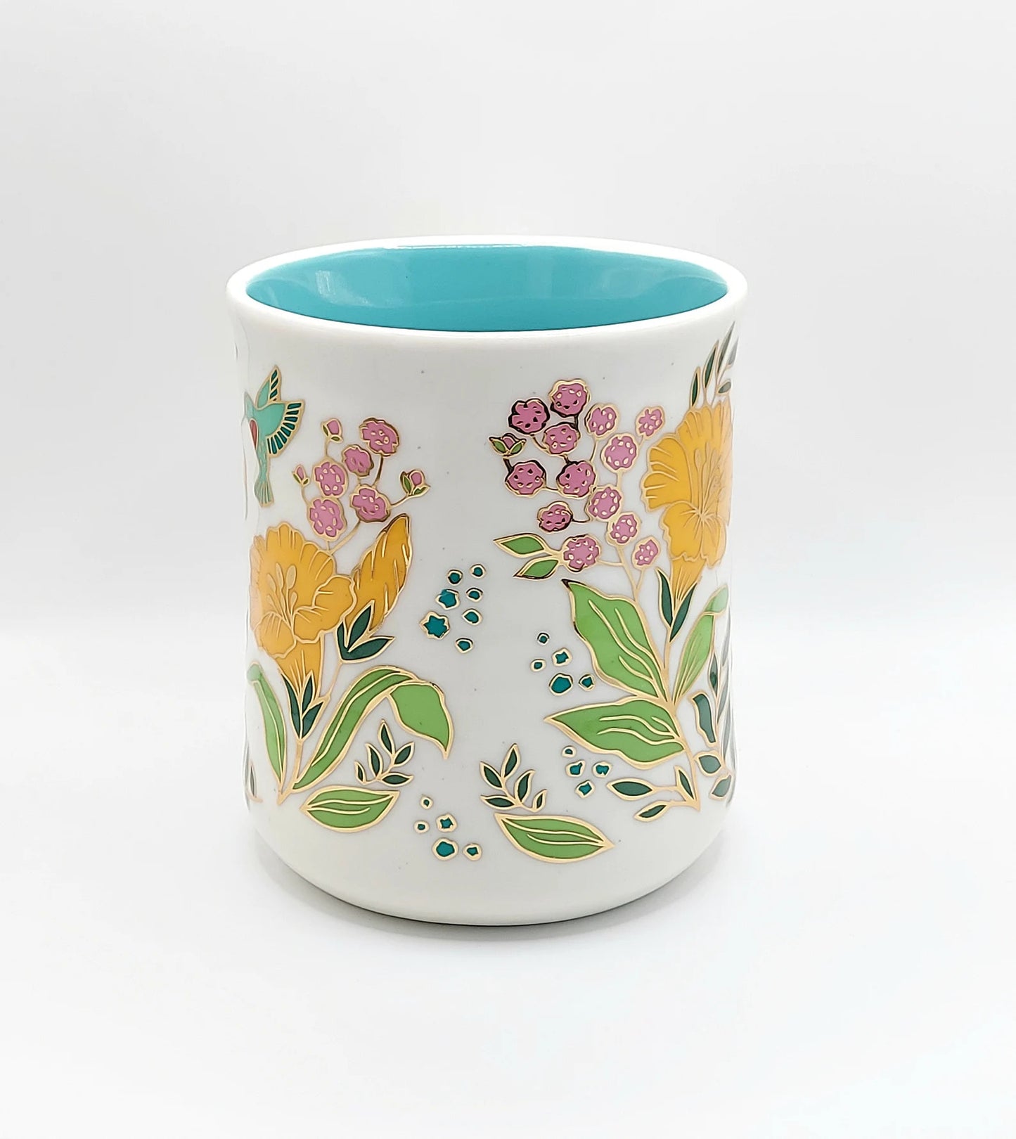 Petunias and Hummingbirds Coffee Tea Mug Cup 20 Oz Ceramic, Turquoise Inside Golden Accents By Seeds & Sunshine