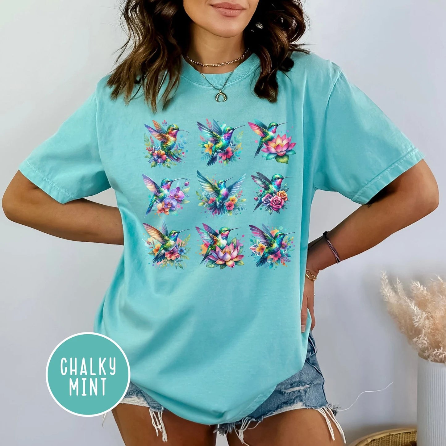 Kolibri-Blumen-Shirt Cottagecore-Kleidung Florales Kolibri-Aquarell-Shirt Kolibri-Liebhaber-Geschenk für Frauen Buntes Grafik-T-Shirt