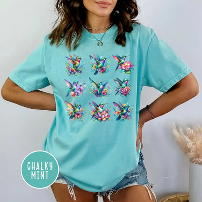 Chemise à fleurs de colibri Cottagecore Vêtements Floral Humming Bird Aquarelle Chemise Colibri Amant Cadeau pour les femmes Tee graphique coloré