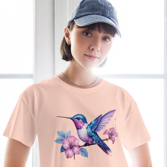 Lebendiges Damen-Crop-Top „Springtime Hummingbird“ – Blumenfreude für modebewusste Damen