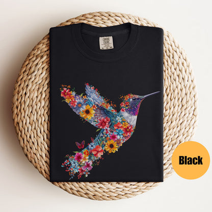 Blumen-Kolibri-Shirt | T-Shirt für Tierliebhaber | Vogel-T-Shirts | Trendy T-Shirt | Geschenk für sie | T-Shirt für Vogelliebhaber | Frühlingsvögel | Blumen-Shirt