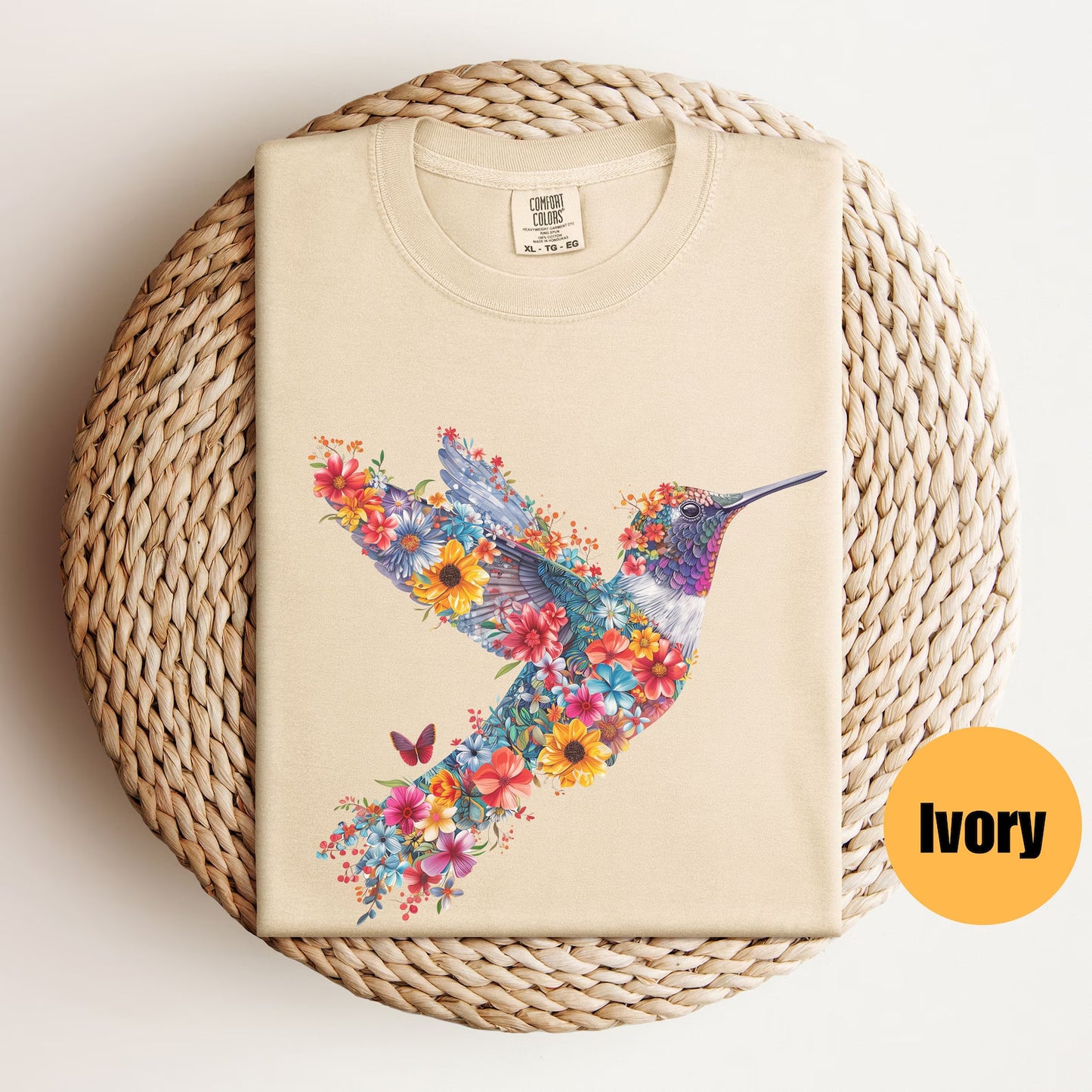 Blumen-Kolibri-Shirt | T-Shirt für Tierliebhaber | Vogel-T-Shirts | Trendy T-Shirt | Geschenk für sie | T-Shirt für Vogelliebhaber | Frühlingsvögel | Blumen-Shirt