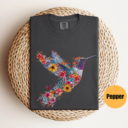 Blumen-Kolibri-Shirt | T-Shirt für Tierliebhaber | Vogel-T-Shirts | Trendy T-Shirt | Geschenk für sie | T-Shirt für Vogelliebhaber | Frühlingsvögel | Blumen-Shirt